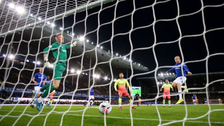 LIVERPOOL, ENGLAND - SEPTEMBER 28: Raheem Sterling of Manchester City (not pictured) scores his sides third goal during the Premier League match between Everton FC and Manchester City at Goodison Park on September 28, 2019 in Liverpool, United Kingdom. (Photo by Alex Livesey/Getty Images)