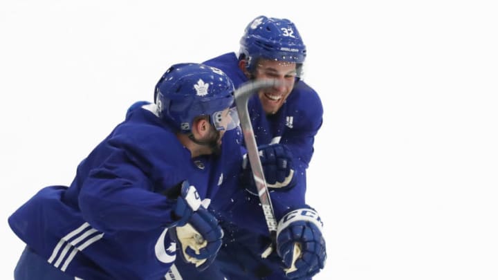 TORONTO, ON- APRIL 18 - Toronto Maple Leafs center Nazem Kadri (43) and Josh Leivo battle as the Toronto Maple Leafs practice for Game 4 against the Boston Bruins in their first round NHL Stanley Cup playoff series at the MasterCard Centre for Hockey Excellence in Toronto. April 18, 2018. (Steve Russell/Toronto Star via Getty Images)