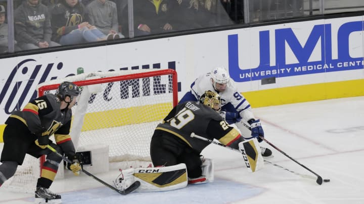 LAS VEGAS, NV – NOVEMBER 19: Vegas Golden Knights goaltender Marc-Andre Fleury (29) pokes at the puck during a regular season game against the Toronto Maple Leafs Tuesday, Nov. 19, 2019, at T-Mobile Arena in Las Vegas, Nevada. (Photo by: Marc Sanchez/Icon Sportswire via Getty Images)