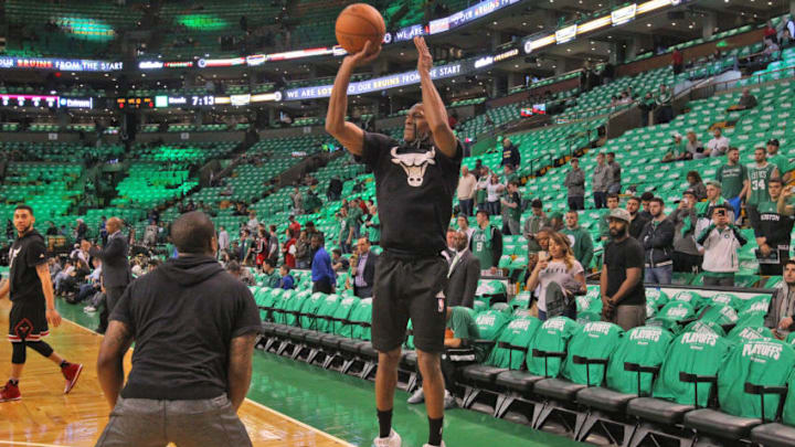 BOSTON - APRIL 18: Chicago Bulls' Rajon Rondo works on his 3-point shot before the Boston Celtics play the Chicago Bulls at game 2 of the first round of the NBA Playoffs at TD Garden in Boston on Apr. 18, 2017. (Photo by Matthew J. Lee/The Boston Globe via Getty Images)