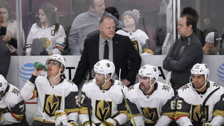 CHICAGO, IL - NOVEMBER 27: Vegas Golden Knights head coach Gerard Gallant looks on in first period action during a NHL game between the Chicago Blackhawks and the Vegas Golden Knights on November 27, 2018 at the United Center, in Chicago, Illinois. (Photo by Robin Alam/Icon Sportswire via Getty Images)