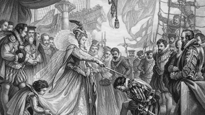 Queen Elizabeth I knights Sir Francis Drake in 1581.