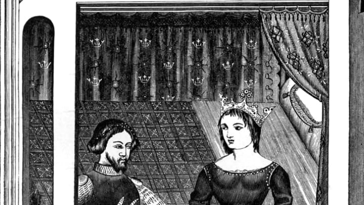 An etching of Guinevere and Lancelot from an 11th-century manuscript.