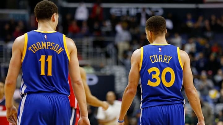 Feb 3, 2016; Washington, DC, USA; Golden State Warriors guard Klay Thompson (11) and Warriors guard Stephen Curry (30) stand on the court against the Washington Wizards at Verizon Center. Mandatory Credit: Geoff Burke-USA TODAY Sports