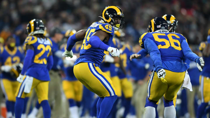 LONDON, ENGLAND – OCTOBER 27: Ogbonnia Okoronkwo and Dante Fowler Jr of Los Angeles Rams celebrate a turnover during the NFL game between Cincinnati Bengals and Los Angeles Rams at Wembley Stadium on October 27, 2019 in London, England. (Photo by Alex Davidson/Getty Images)