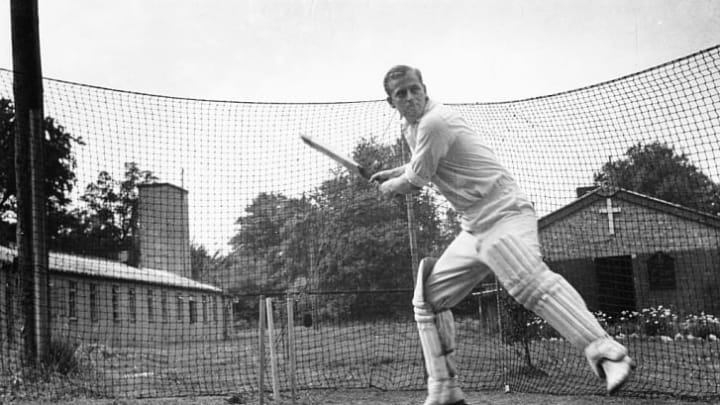 Philip Mountbatten batting at the nets during cricket practice while in the Royal Navy in 1947.