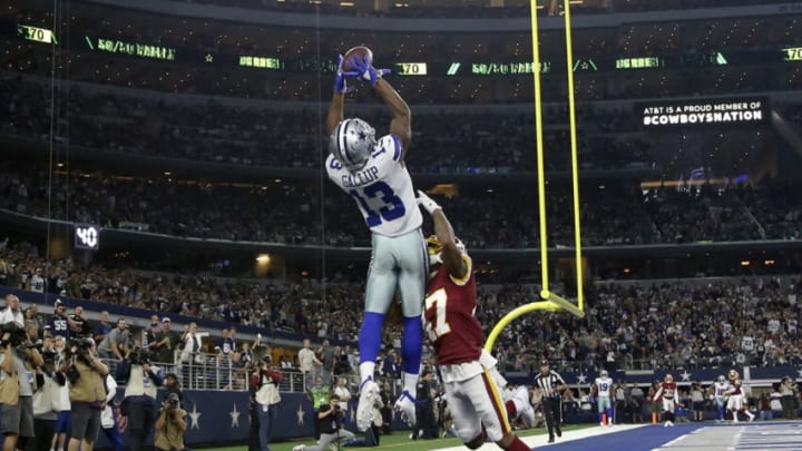 Dec 29, 2019; Arlington, Texas, USA; Dallas Cowboys wide receiver Michael Gallup (13) catches a touchdown pass over Washington Redskins cornerback Aaron Colvin (47) during the third quarter at AT&T Stadium. Mandatory Credit: Kevin Jairaj-USA TODAY Sports