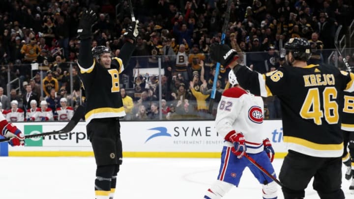 BOSTON, MA - DECEMBER 01: Boston Bruins center David Backes (42) reacts to his game winner during a game between the Boston Bruins and the Montreal Canadiens on December 1, 2019, at TD Garden in Boston, Massachusetts. (Photo by Fred Kfoury III/Icon Sportswire via Getty Images)