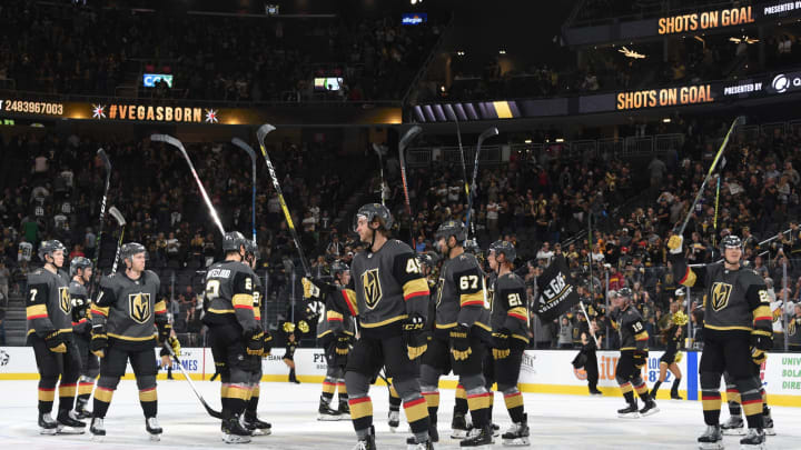 LAS VEGAS, NEVADA – SEPTEMBER 15: The Vegas Golden Knights celebrate after defeating the Arizona Coyotes in a preseason game at T-Mobile Arena on September 15, 2019 in Las Vegas, Nevada. (Photo by David Becker/NHLI via Getty Images)