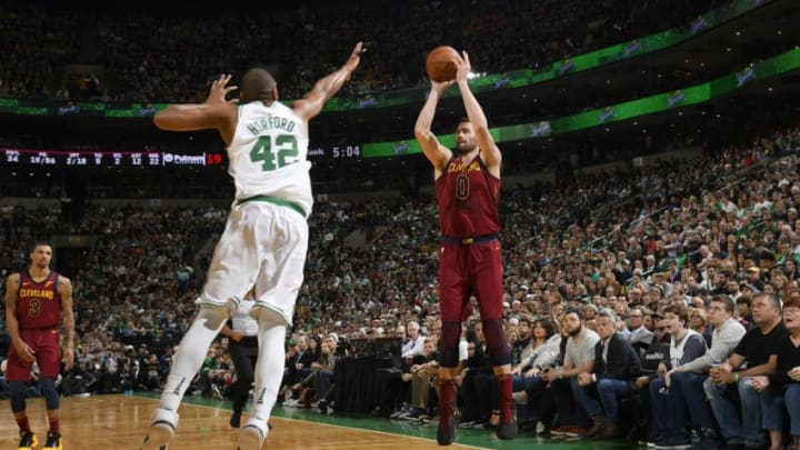 BOSTON, MA - MAY 13: Kevin Love #0 of the Cleveland Cavaliers shoots the ball against the Boston Celtics during Game One of the Eastern Conference Finals of the 2018 NBA Playoffs on May 13, 2018 at the TD Garden in Boston, Massachusetts. NOTE TO USER: User expressly acknowledges and agrees that, by downloading and or using this photograph, User is consenting to the terms and conditions of the Getty Images License Agreement. Mandatory Copyright Notice: Copyright 2018 NBAE (Photo by Brian Babineau/NBAE via Getty Images)