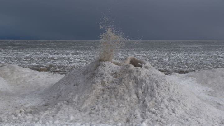 An 'ice volcano' erupts along Lake Michigan.