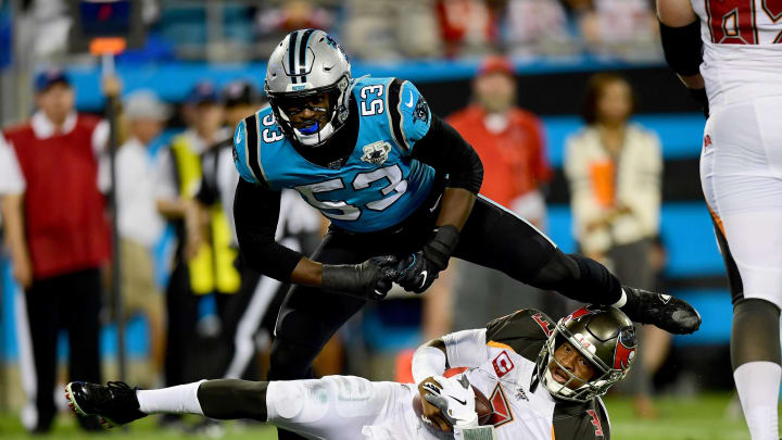 CHARLOTTE, NORTH CAROLINA – SEPTEMBER 12: Brian Burns #53 of the Carolina Panthers after sacking Jameis Winston #3 of the Tampa Bay Buccaneers in the second quarter during their game at Bank of America Stadium on September 12, 2019 in Charlotte, North Carolina. (Photo by Jacob Kupferman/Getty Images)