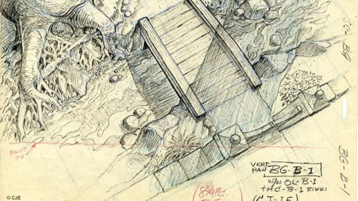 Aerial view of the garden in Rikki Tikki Tavi, original background layout drawing.