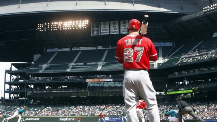 May 26, 2014; Seattle, WA, USA; Los Angeles Angels center fielder Mike Trout (27) stands in the on deck circle during the sixth inning against the Seattle Mariners at Safeco Field. Mandatory Credit: Joe Nicholson-USA TODAY Sports