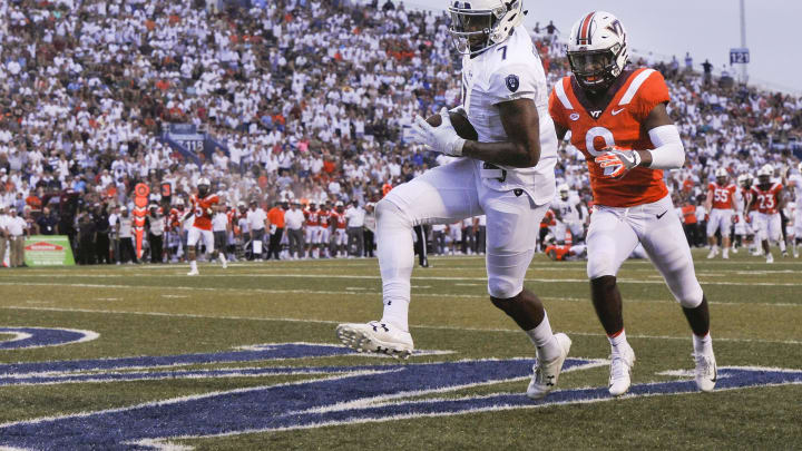 BLACKSBURG, VA – SEPTEMBER 22: Wide receiver Travis Fulgham #7 of the Old Dominion Monarchs catches a touchdown against the Virginia Tech Hokies in the second half at S. B. Ballard Stadium on September 22, 2018 in Norfolk, Virginia. (Photo by Michael Shroyer/Getty Images)