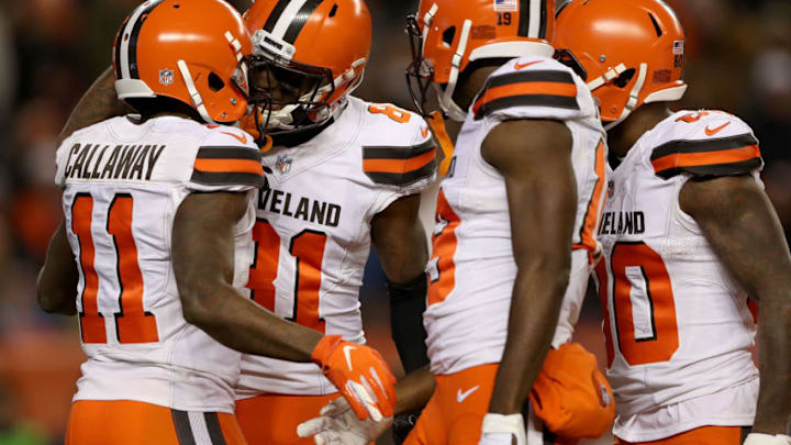 DENVER, COLORADO - DECEMBER 15: Antonio Callaway #11 of the Cleveland Browns celebrates with Rashard Higgins #81, Breshad Perriman #19 and Jarvis Landry #80 after scoring a touchdown against the Denver Broncos at Broncos Stadium at Mile High on December 15, 2018 in Denver, Colorado. (Photo by Matthew Stockman/Getty Images)