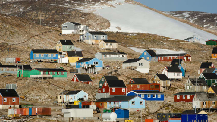 Colorful buildings make up the small settlement of Ittoqqortoormiit on Greenland's east coast.