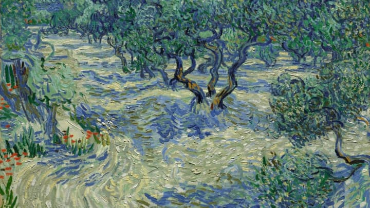 Vincent van Gogh painted Olive Trees in 1889 perhaps without realizing it contained a dead grasshopper.