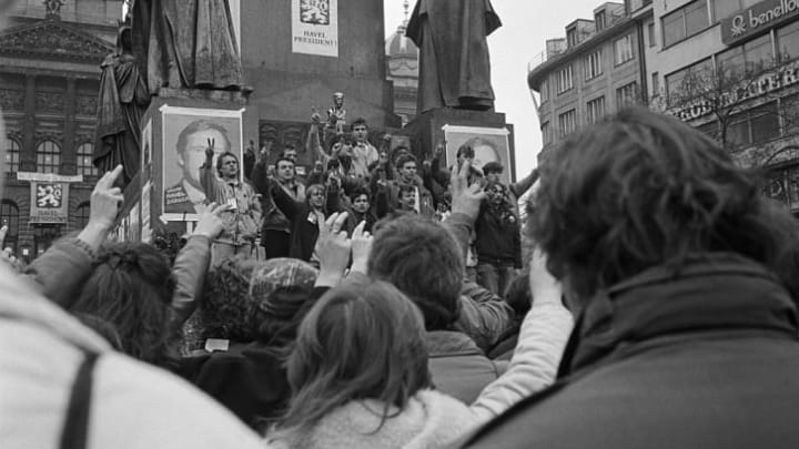 Supporters of Vaclav Havel celebrate his election to the presidency after the Velvet Revolution, in which the Communist government of Czechoslovakia was peacefully overthrown.