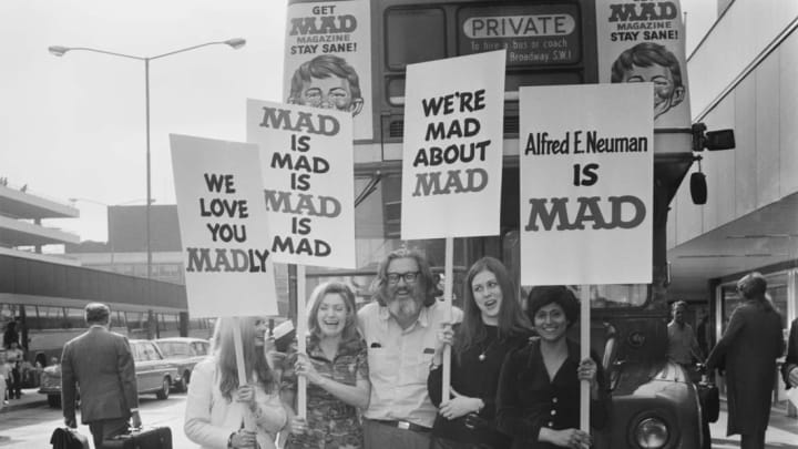 William Gaines, publisher of Mad magazine, arrives at London's Heathrow Airport for a promotional tour in 1971.