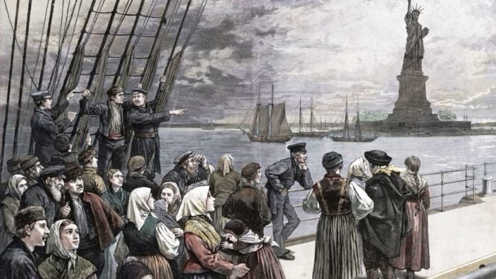 A 19th-century illustration of immigrants arriving at Ellis Island. Or are they emigrants?