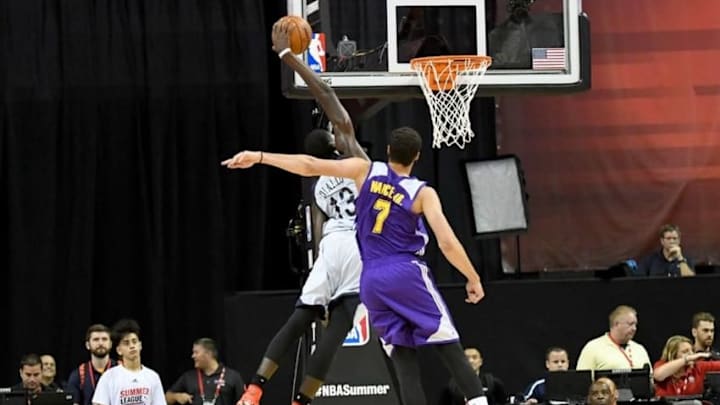 Jul 8, 2016; Las Vegas, NV, USA; New Orleans Pelicans forward Cheick Diallo (13) dunks the ball inside the defense of Los Angeles Lakers forward Larry Nance Jr (7) during an NBA Summer League game at Thomas & Mack Center. Los Angeles won the game 85-65. Mandatory Credit: Stephen R. Sylvanie-USA TODAY Sports Mandatory Credit: Stephen R. Sylvanie-USA TODAY Sports
