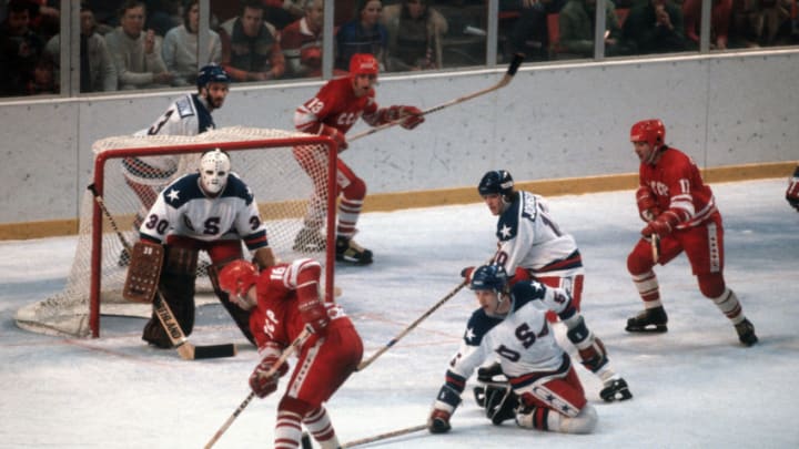 LAKE PLACID, NY - FEBRUARY 22: The United States Hockey team competes against the Soviet Union hockey team during a metal round game of the Winter Olympics February 22, 1980 at the Olympic Center in Lake Placid, New York. The game was named "The Miracle On Ice" as the United States defeated the Soviet Union 4-3. . (Photo by Focus on Sport/Getty Images) *** Local Caption ***
