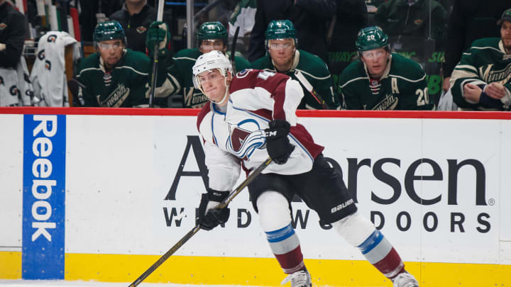 Apr 2, 2017; Saint Paul, MN, USA; Colorado Avalanche defenseman Tyson Barrie (4) passes in the first period against the Minnesota Wild at Xcel Energy Center. Mandatory Credit: Brad Rempel-USA TODAY Sports