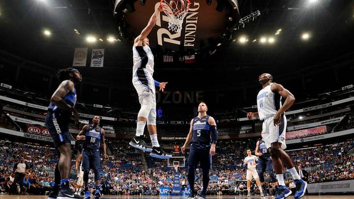 ORLANDO, FL - APRIL 4: Aaron Gordon #00 of the Orlando Magic dunks the ball during the game against the Dallas Mavericks on April 4, 2018 at Amway Center in Orlando, Florida. NOTE TO USER: User expressly acknowledges and agrees that, by downloading and or using this photograph, User is consenting to the terms and conditions of the Getty Images License Agreement. Mandatory Copyright Notice: Copyright 2018 NBAE (Photo by Fernando Medina/NBAE via Getty Images)