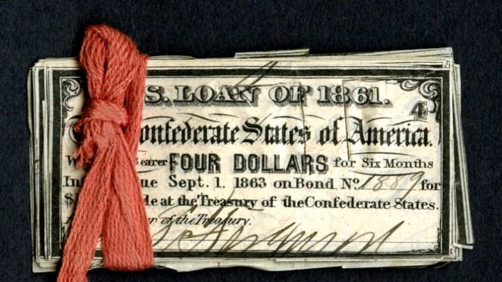 Confederate bond coupons from the Civil War.