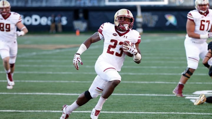 Nov 26, 2016; Winston-Salem, NC, USA; Boston College Eagles running back Myles Willis (23) scores a touchdown in the first quarter against the Wake Forest Demon Deacons at BB&T Field. Mandatory Credit: Jeremy Brevard-USA TODAY Sports