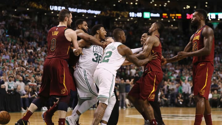 BOSTON, MA – MAY 15: Marcus Smart #36 of the Boston Celtics and JR Smith #5 of the Cleveland Cavaliers get into an altercation in the second half during Game Two of the 2018 NBA Eastern Conference Finals at TD Garden on May 15, 2018 in Boston, Massachusetts. (Photo by Maddie Meyer/Getty Images)