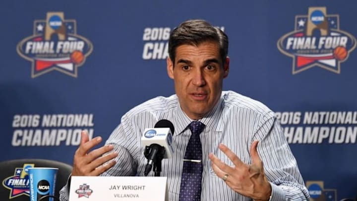 Apr 4, 2016; Houston, TX, USA; Villanova Wildcats head coach Jay Wright speaks at a press conference after defeating the North Carolina Tar Heels in the championship game of the 2016 NCAA Men