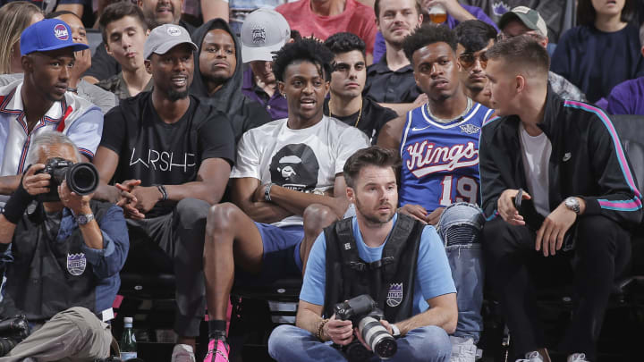 SACRAMENTO, CA – JULY 1: Harry Giles III #20, Harrison Barnes #40, De’Aaron Fox #5, Buddy Hield #24, Bogdan Bogdanovic #8 of the Sacramento Kings attend the game against the Golden State Warriors on July 1, 2019 at the Golden 1 Center, in Phoenix, Arizona. NOTE TO USER: User expressly acknowledges and agrees that, by downloading and or using this photograph, User is consenting to the terms and conditions of the Getty Images License Agreement. Mandatory Copyright Notice: Copyright 2019 NBAE (Photo by Rocky Widner/NBAE via Getty Images)