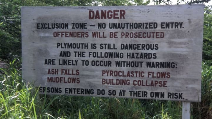 A warning sign at the entrance to Montserrat's exclusion zone.