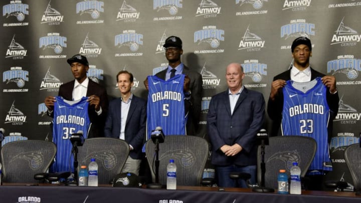 ORLANDO, FL - JUNE 22: Draft Pick Melvin Frazier Orlando Magic president Jeff Weltman Draft Pick Mohamed Bamba Head Coach Steve Clifford and Draft Pick Justin Jackson during the Orlando Magic Draft press conference, on June 22, 2018 at Amway Center in Orlando, Florida. NOTE TO USER: User expressly acknowledges and agrees that, by downloading and or using this photograph, User is consenting to the terms and conditions of the Getty Images License Agreement. Mandatory Copyright Notice: Copyright 2018 NBAE (Photo by Gary Bassing/NBAE via Getty Images)