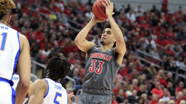 LOUISVILLE, KENTUCKY - DECEMBER 06: Jordan Nwora #33 of the Louisville Cardinals shoots the ball during the game against the Pittsburgh Panthers at KFC YUM! Center on December 06, 2019 in Louisville, Kentucky. (Photo by Andy Lyons/Getty Images)