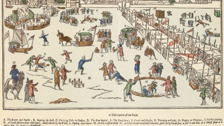 A 1683 frost fair on the river Thames.