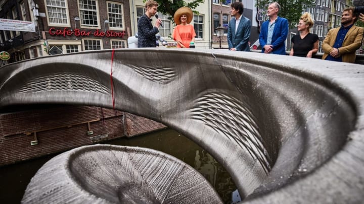Dutch Queen Máxima attends the opening of a 3D bridge crafted by MX3D.