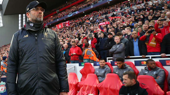 LIVERPOOL, ENGLAND - MAY 07: Jurgen Klopp, Manager of Liverpool on the pitch ahead of the UEFA Champions League Semi Final second leg match between Liverpool and Barcelona at Anfield on May 07, 2019 in Liverpool, England. (Photo by Clive Brunskill/Getty Images)