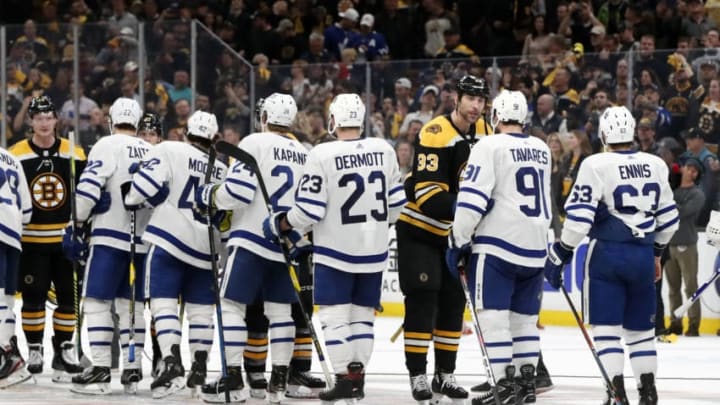 BOSTON, MA - APRIL 23: Boston Bruins left defenseman Zdeno Chara (33) leads the Bruins in handshakes after Game 7 of the 2019 First Round Stanley Cup Playoffs between the Boston Bruins and the Toronto Maple Leafs on April 23, 2019, at TD Garden in Boston, Massachusetts. (Photo by Fred Kfoury III/Icon Sportswire via Getty Images)