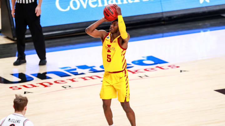 LUBBOCK, TEXAS - MARCH 04: Guard Jalen Coleman-Lands #5 of the Iowa State Cyclones shoots a three-pointer during the first half of the college basketball game against the Texas Tech Red Raiders at United Supermarkets Arena on March 04, 2021 in Lubbock, Texas. (Photo by John E. Moore III/Getty Images)