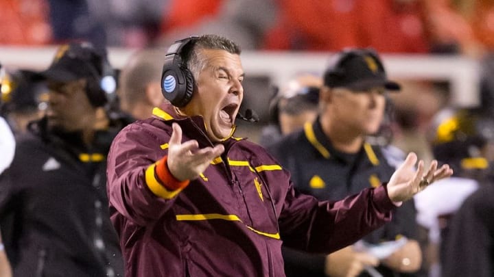 Oct 17, 2015; Salt Lake City, UT, USA; Arizona State Sun Devils head coach Todd Graham reacts during the second half against the Utah Utes at Rice-Eccles Stadium. Utah won 34-18. Mandatory Credit: Russ Isabella-USA TODAY Sports