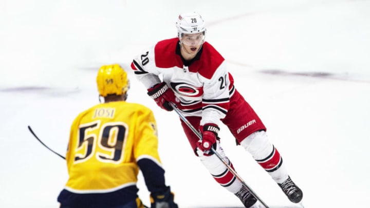 NASHVILLE, TN - MARCH 9: Sebastian Aho #20 of the Carolina Hurricanes skates against the Nashville Predators at Bridgestone Arena on March 9, 2019 in Nashville, Tennessee. (Photo by Ronald C. Modra/NHL/Getty Images)