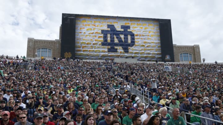 SOUTH BEND, IN - SEPTEMBER 02: General view of fans seated beneath a new stadium video scoreboard during a game between the Notre Dame Fighting Irish and Temple Owls at Notre Dame Stadium on September 2, 2017 in South Bend, Indiana. The Irish won 49-16. (Photo by Joe Robbins/Getty Images) *** Local Caption ***