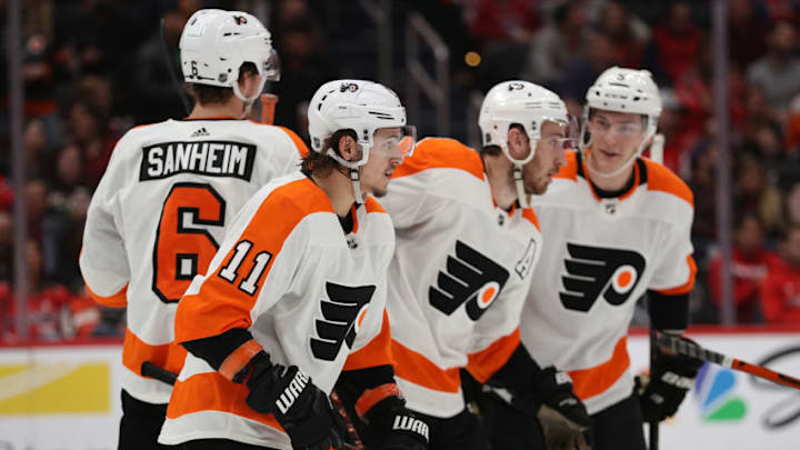 Travis Konecny, Kevin Hayes, Travis Sanheim, and Philippe Myers, Philadelphia Flyers (Photo by Patrick Smith/Getty Images)