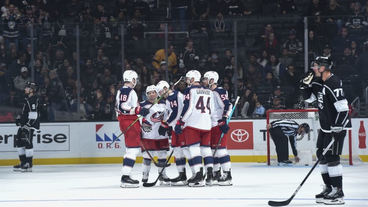 LOS ANGELES, CA – JANUARY 6: Gustav Nyquist #14 of the Columbus Blue Jackets celebrates his goal with teammates during the third period against the Los Angeles Kings at STAPLES Center on January 6, 2019 in Los Angeles, California. (Photo by Juan Ocampo/NHLI via Getty Images)