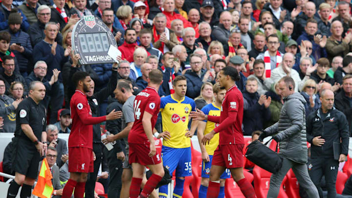 LIVERPOOL, ENGLAND - SEPTEMBER 22: Virgil van Dijk of Liverpool walks off as he is substituted for teammate Joe Gomez during the Premier League match between Liverpool FC and Southampton FC at Anfield on September 22, 2018 in Liverpool, United Kingdom. (Photo by Alex Livesey/Getty Images)