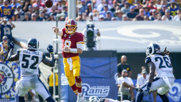 LOS ANGELES, CA - SEPTEMBER 17: Kirk Cousins #8 of the Washington Redskins leaps as he throws the ball during the fourth quarter against the Los Angeles Rams at Los Angeles Memorial Coliseum on September 17, 2017 in Los Angeles, California. (Photo by Jeff Gross/Getty Images)