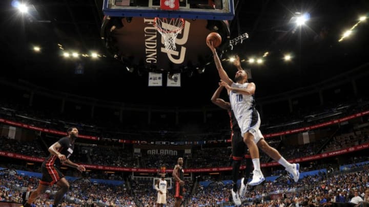 ORLANDO, FL - OCTOBER 18: Evan Fournier #10 of the Orlando Magic shoots the ball during the game against the Miami Heat on October 18, 2017 at Amway Center in Orlando, Florida. NOTE TO USER: User expressly acknowledges and agrees that, by downloading and or using this photograph, User is consenting to the terms and conditions of the Getty Images License Agreement. Mandatory Copyright Notice: Copyright 2017 NBAE (Photo by Fernando Medina/NBAE via Getty Images)